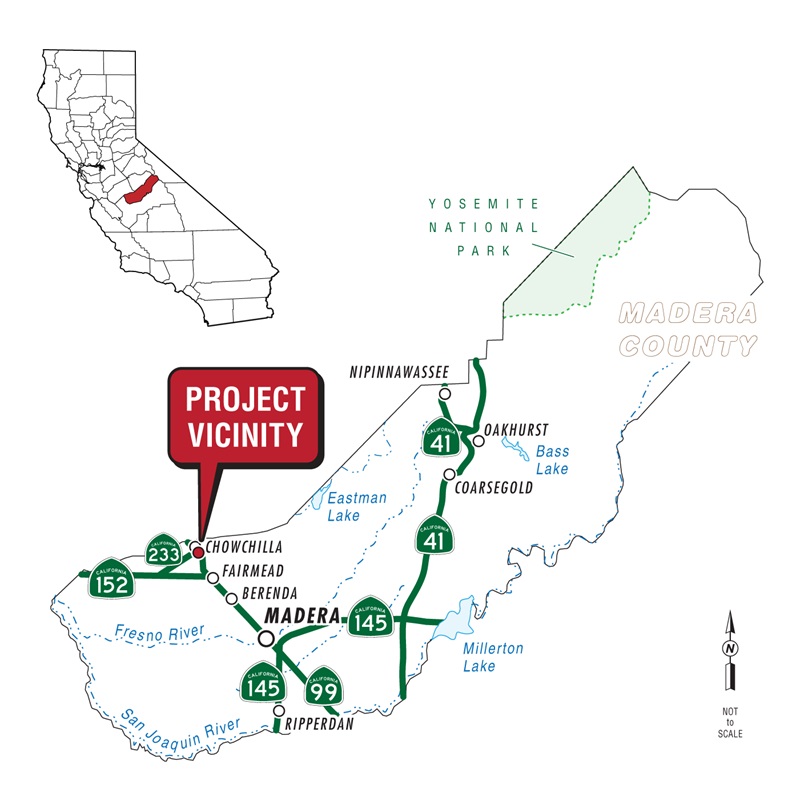 Map showing the project at the State Route 99 and State Route 233 intersection in Chowchilla in Madera County