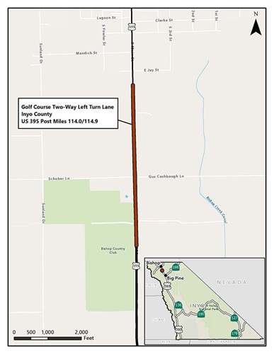 Map of Caltrans District 9 Golf Course Two Way Left Turn Project on U.S. 395