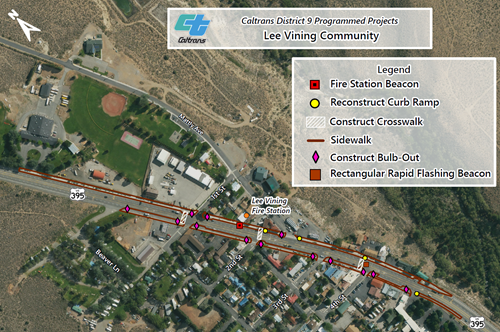 Map of proposed pedestrian improvements as part of the Lee Vining Rehabilitation Project.